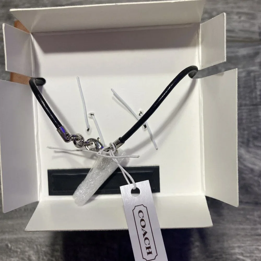 Coach Black & Silver Leather Cord Bracelet W/Rhinestones New In Gift Box - Picture 4 of 5